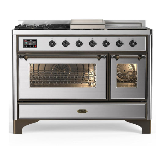 Ilve UM48FSNR3SSBLP Ilve Um48Fsnr3Ssblp Majestic Iii 48 Inch Dual Fuel Range With 5 Black Brass Burners, Griddle And French Top, Dual Function Burner Up To 25,000 Btu (Liquid Propane, Triple Glass Door, Stainless Steel, Burnished)
