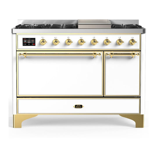 Ilve UM48FQNR3WHGLP Ilve Um48Fqnr3Whglp Majestic Iii 48 Inch Dual Fuel Range With 8 Burners And Griddle, Dual Function Burner Up To 25,000 Btu (Liquid Propane, Solid Door, White, Brass)
