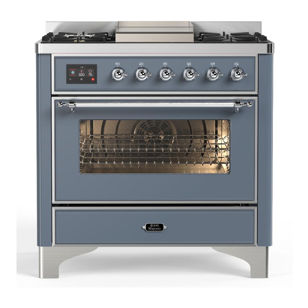 Ilve UM36FNR3BGC Ilve Um36Fnr3Bgc Majestic Iii 36 Inch Dual Fuel Range With 6 Black Brass Burners And Griddle, Dual Function Burner Up To 25,000 Btu (Triple Glass Door, Blue Grey, Chrome, Natural Gas)