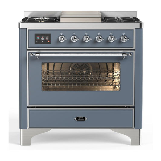 Ilve UM36FNR3BGC Ilve Um36Fnr3Bgc Majestic Iii 36 Inch Dual Fuel Range With 6 Black Brass Burners And Griddle, Dual Function Burner Up To 25,000 Btu (Triple Glass Door, Blue Grey, Chrome, Natural Gas)