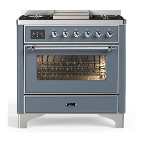 Ilve UM36FNR3BGC Ilve Um36Fnr3Bgc Majestic Iii 36 Inch Dual Fuel Range With 6 Black Brass Burners And Griddle, Dual Function Burner Up To 25,000 Btu (Triple Glass Door, Blue Grey, Chrome, Natural Gas)