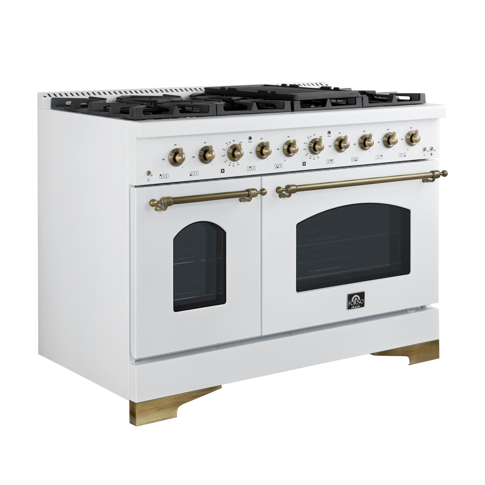 Forno FFSGS611348WHT Forno Antico 48-Inch Dual Fuel Range, White With Antique Brass Finish, 8 Burners, 94,000 Btu, 5.5 Cu.Ft. Double Ovens & Griddle