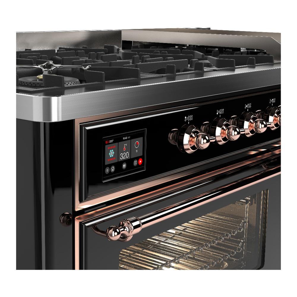 Ilve UM60FNR3BKPLP Ilve Um60Fnr3Bkplp Majestic Iii 60 Inch Dual Fuel Range With 9 Burners And Griddle, Dual Function Burner Up To 25,000 Btu (Liquid Propane, Triple Glass Door, Glossy Black, Copper)