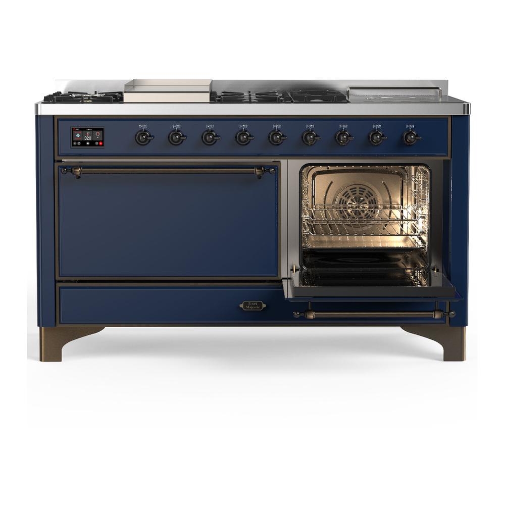 Ilve UM60FSQNR3MBB Ilve Um60Fsqnr3Mbb Majestic Iii 60 Inch Dual Fuel Range With 7 Burners, Griddle And French Top, Dual Function Burner With Up To 25,000 Btu (Natural Gas, Solid Door, Midnight Blue, Burnished)
