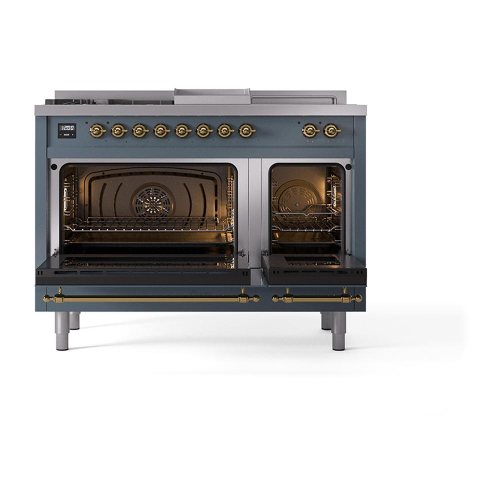 Ilve UN48FSQNMPBGGLP Ilve Un48Fsqnmpbgglp Nostalgie Ii Noblesse 48" Dual Fuel Range (5 Sealed Burners + Griddle + French Top, Liquid Propane, Solid Door, Blue Grey, Brass)