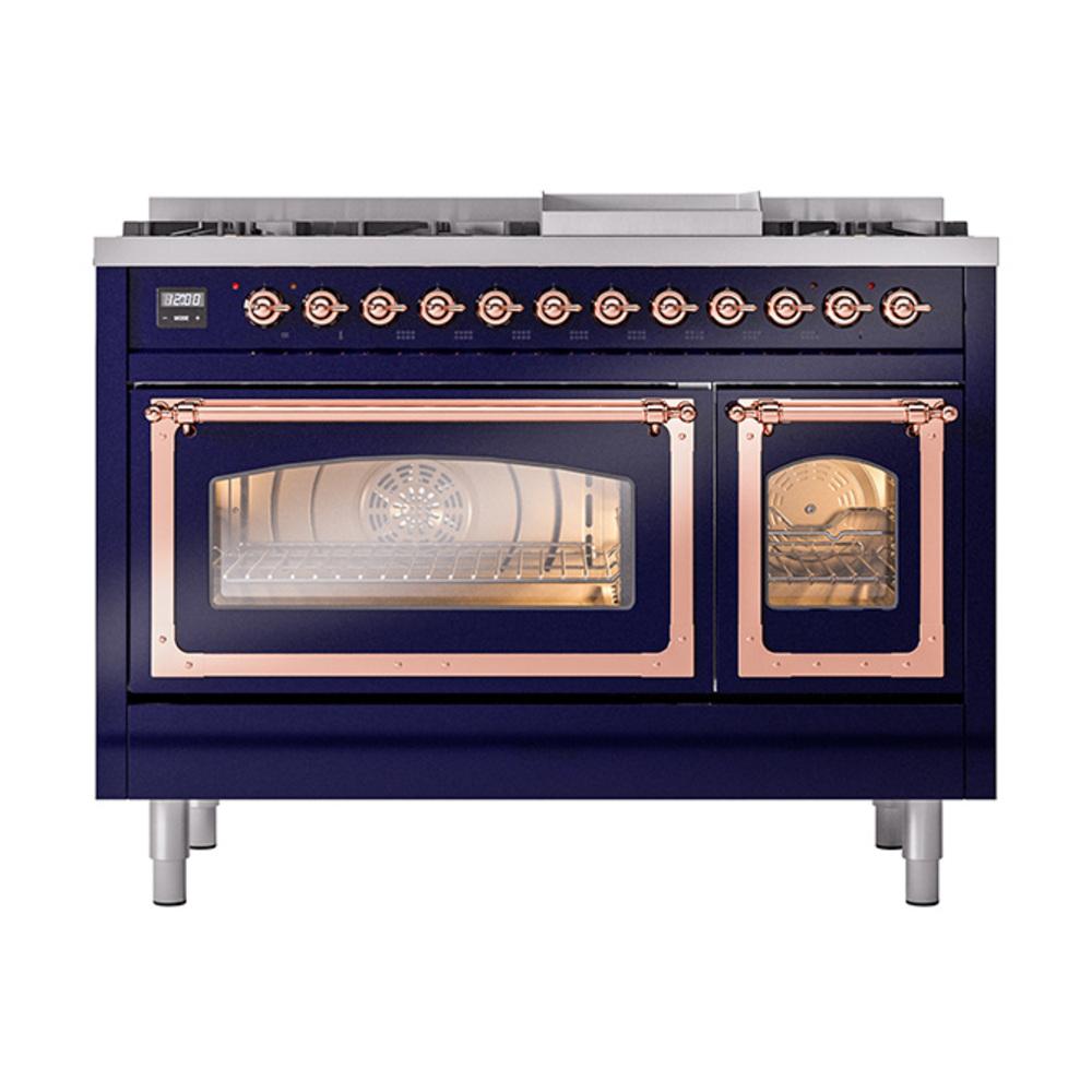 Ilve UN48FNMPMBP Ilve Un48Fnmpmbp Nostalgie Ii Noblesse 48" Dual Fuel Range (8 Sealed Burners + Griddle, Natural Gas, Triple Glass Door, Midnight Blue, Copper)