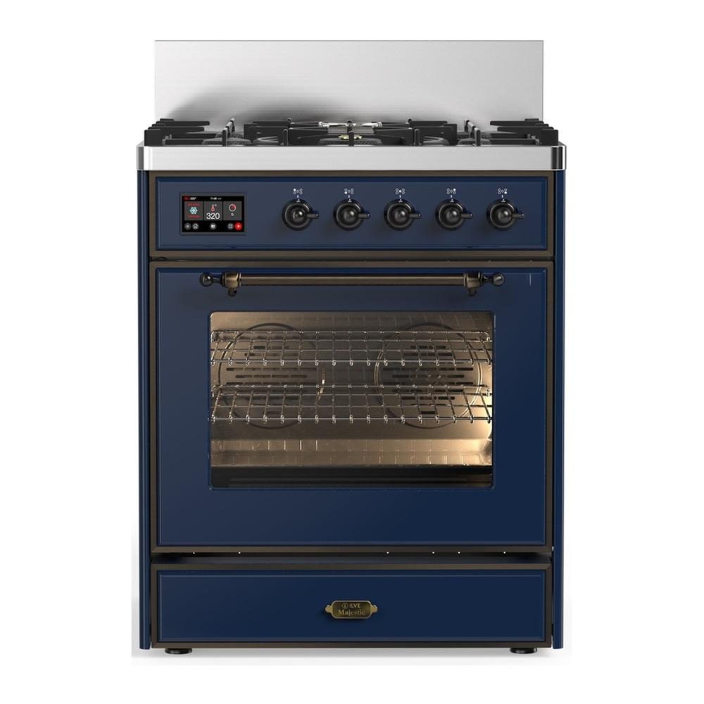 Ilve UM30NR3MBBLP Ilve Um30Nr3Mbblp Majestic Iii 30 Inch Dual Fuel Range With 5 Black Brass Burners, Dual Function Burner Up To 25,000 Btu (Liquid Propane, Triple Glass Door, Midnight Blue, Burnished)