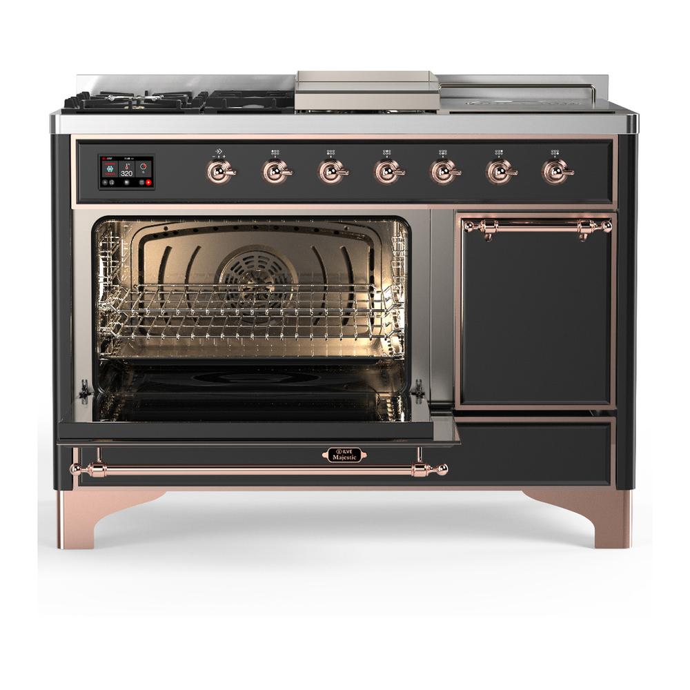 Ilve UM48FSQNR3MGPLP Ilve Um48Fsqnr3Mgplp Majestic Iii 48 Inch Dual Fuel Range With 5 Black Brass Burners, Griddle And French Top, Dual Function Burner Up To 25,000 Btu (Liquid Propane, Solid Door, Graphite Matte, Copper)
