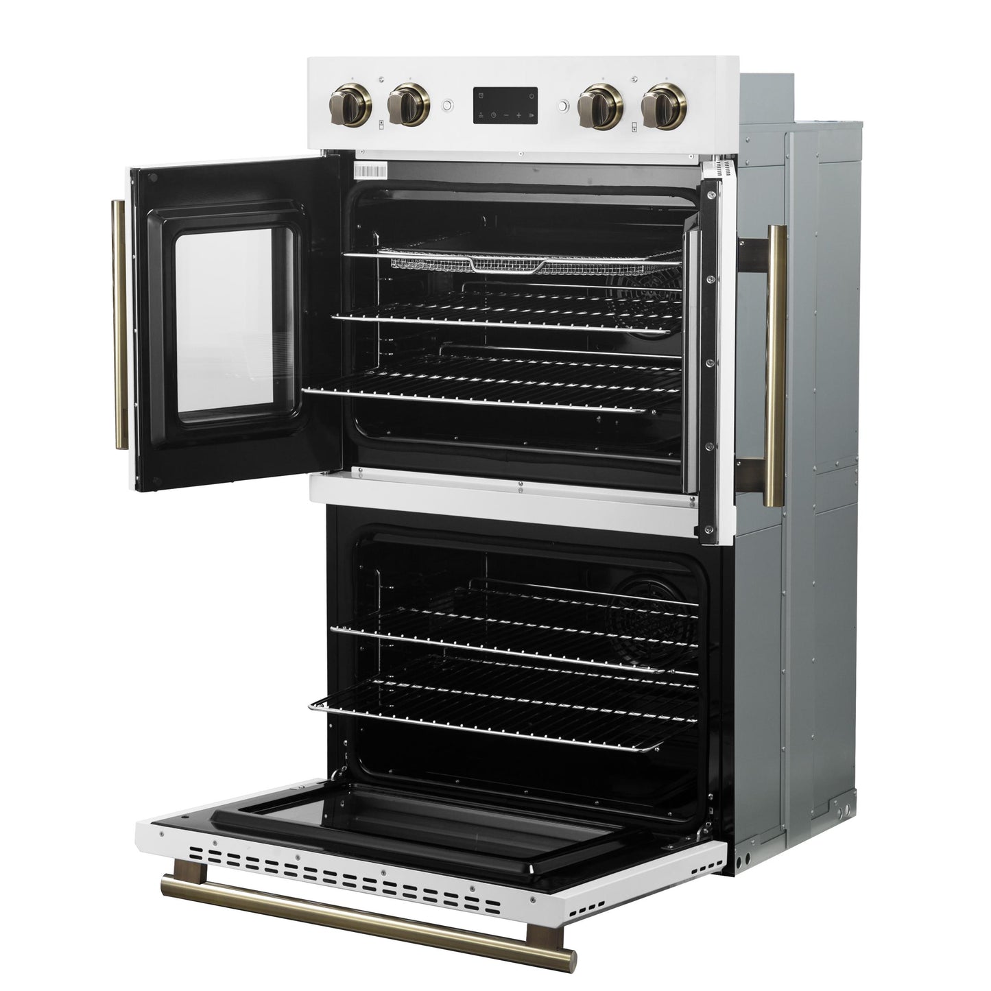 Forno FBOEL134030WHT Forno Asti 30-Inch Double Electric Wall Oven With Upper French Doors In White & Antique Brass, 7.36 Cu. Ft. Dual True Convection, 7,200W, Air Fry, Sous Vide, Self-Clean