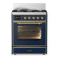 Ilve UM30NR3MBG Ilve Um30Nr3Mbg Majestic Iii 30 Inch Dual Fuel Range With 5 Black Brass Burners, Dual Function Burner Up To 25,000 Btu (Natural Gas, Triple Glass Door, Midnight Blue, Brass)
