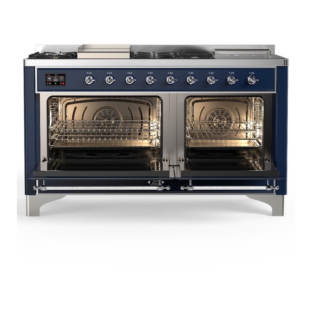 Ilve UM60FSQNR3MBC Ilve Um60Fsqnr3Mbc Majestic Iii 60 Inch Dual Fuel Range With 7 Burners, Griddle And French Top, Dual Function Burner With Up To 25,000 Btu (Natural Gas, Solid Door, Midnight Blue, Chrome)