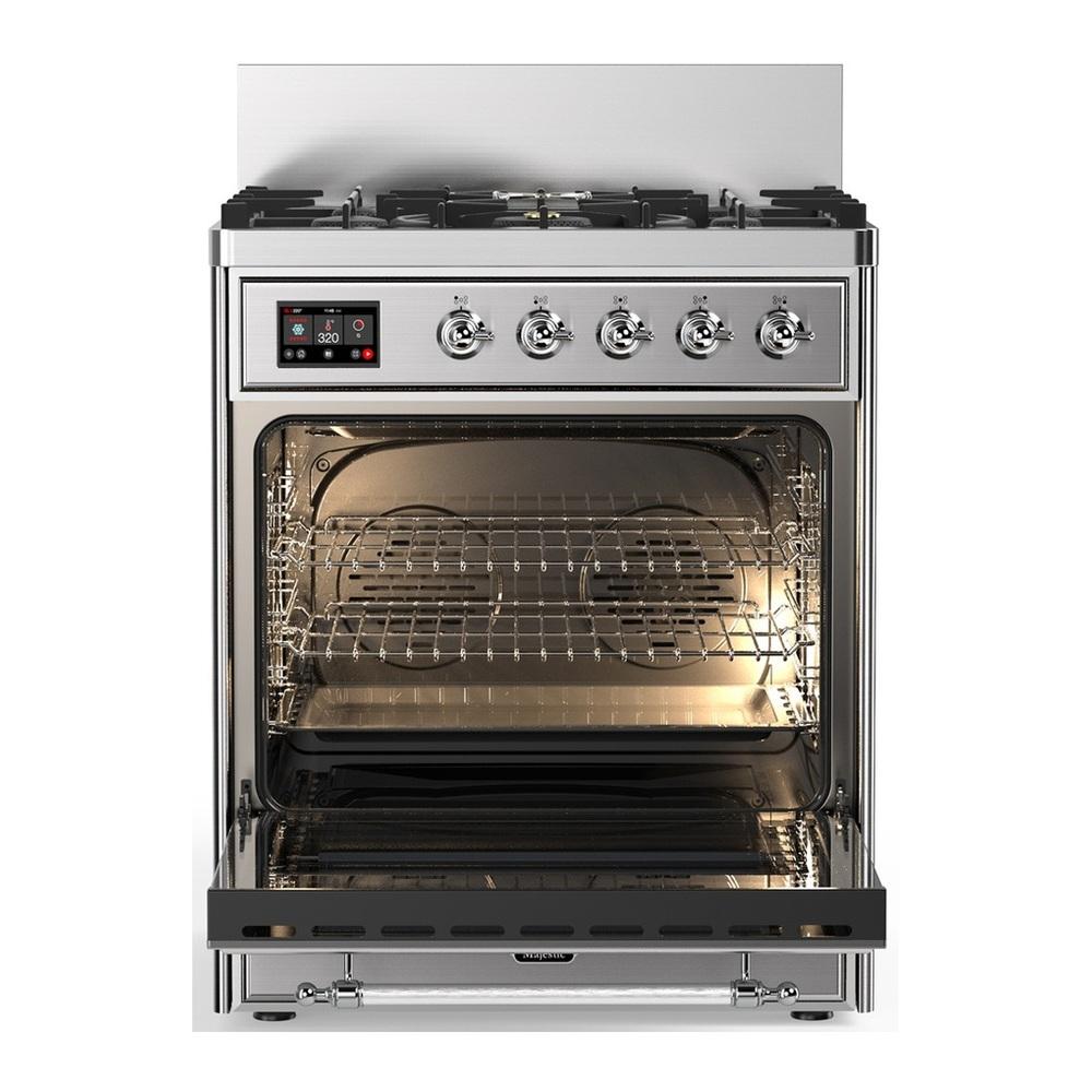 Ilve UM30QNR3SSC Ilve Um30Qnr3Ssc Majestic Iii 30 Inch Dual Fuel Range With 5 Black Brass Burners, Dual Function Burner Up To 25,000 Btu (Natural Gas, Solid Door, Stainless Steel, Chrome)
