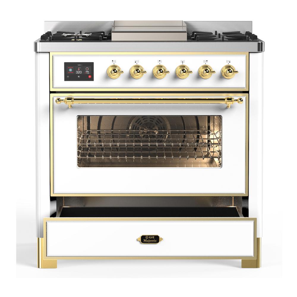 Ilve UM36FNR3WHGLP Ilve Um36Fnr3Whglp Majestic Iii 36 Inch Dual Fuel Range With 6 Black Brass Burners And Griddle, Dual Function Burner Up To 25,000 Btu (Triple Glass Door, White, Brass, Liquid Propane)