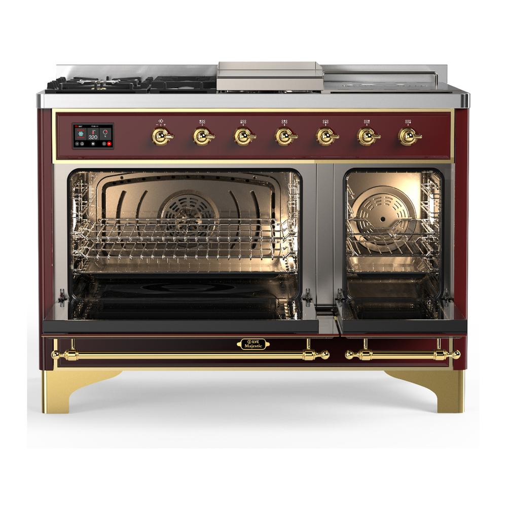 Ilve UM48FSQNR3BUGLP Ilve Um48Fsqnr3Buglp Majestic Iii 48 Inch Dual Fuel Range With 5 Black Brass Burners, Griddle And French Top, Dual Function Burner Up To 25,000 Btu (Liquid Propane, Solid Door, Burgundy, Brass)