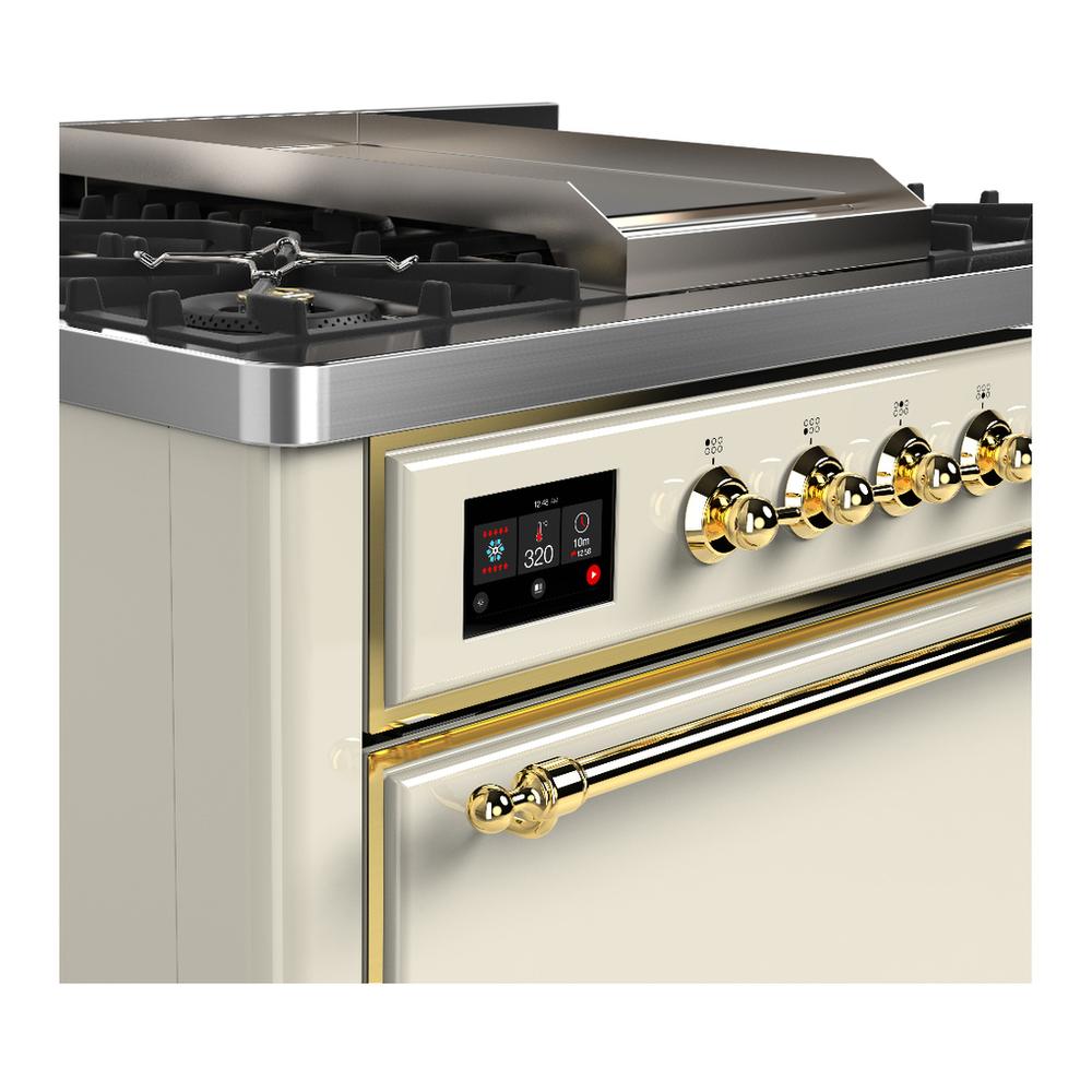 Ilve UM36FQNR3AWG Ilve Um36Fqnr3Awg Majestic Iii 36 Inch Dual Fuel Range With 6 Black Brass Burners And Griddle, Dual Function Burner Up To 25,000 Btu (Solid Door, Antique White, Brass, Natural Gas)