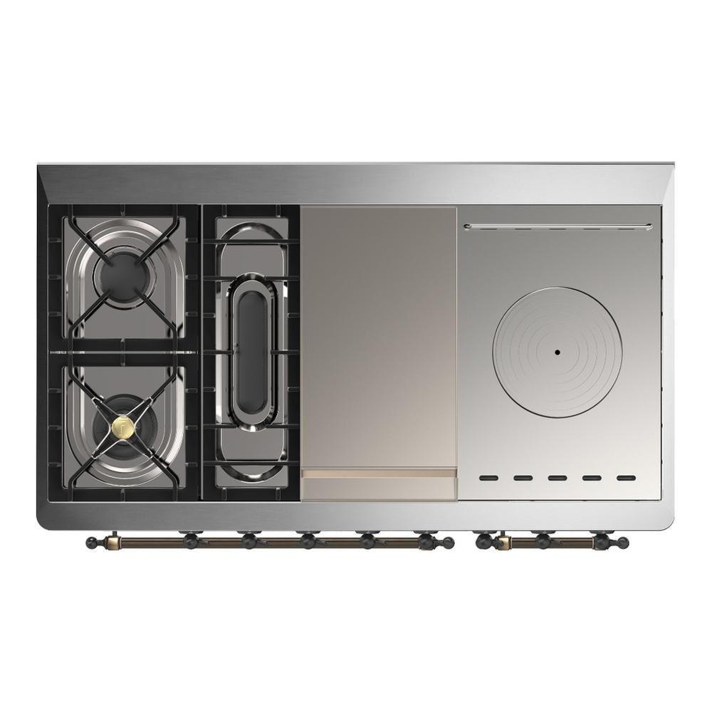 Ilve UM48FSNR3BKB Ilve Um48Fsnr3Bkb Majestic Iii 48 Inch Dual Fuel Range With 5 Black Brass Burners, Griddle And French Top, Dual Function Burner Up To 25,000 Btu (Natural Gas, Triple Glass Door, Glossy Black, Burnished)