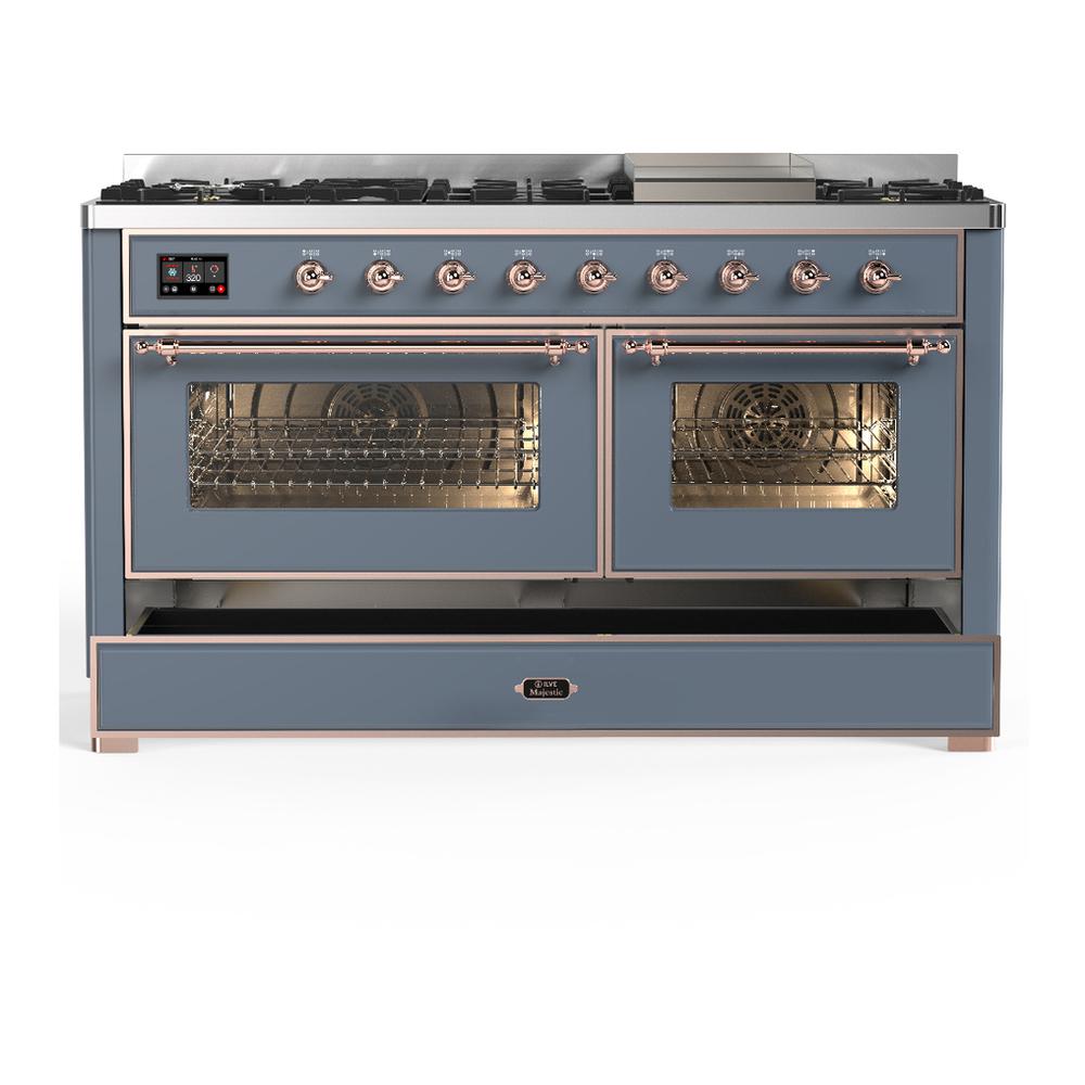 Ilve UM60FNR3BGP Ilve Um60Fnr3Bgp Majestic Iii 60 Inch Dual Fuel Range With 9 Burners And Griddle, Dual Function Burner Up To 25,000 Btu (Natural Gas, Triple Glass Door, Blue Grey, Copper)