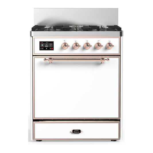 Ilve UM30QNR3WHPLP Ilve Um30Qnr3Whplp Majestic Iii 30 Inch Dual Fuel Range With 5 Black Brass Burners, Dual Function Burner Up To 25,000 Btu (Liquid Propane, Solid Door, White, Copper)