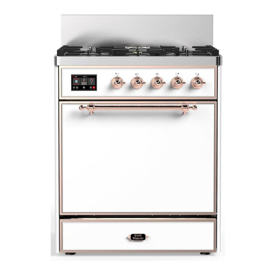 Ilve UM30QNR3WHPLP Ilve Um30Qnr3Whplp Majestic Iii 30 Inch Dual Fuel Range With 5 Black Brass Burners, Dual Function Burner Up To 25,000 Btu (Liquid Propane, Solid Door, White, Copper)