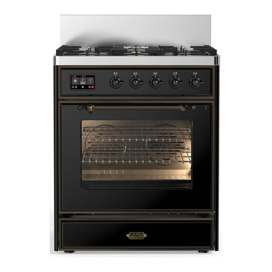 Ilve UM30NR3BKB Ilve Um30Nr3Bkb Majestic Iii 30 Inch Dual Fuel Range With 5 Black Brass Burners, Dual Function Burner Up To 25,000 Btu (Natural Gas, Triple Glass Door, Glossy Black, Burnished)