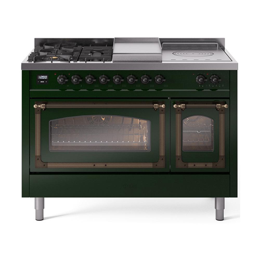 Ilve UN48FSNMPEGB Ilve Un48Fsnmpegb Nostalgie Ii Noblesse 48" Dual Fuel Range (5 Sealed Burners + Griddle + French Top, Natural Gas, Triple Glass Door, Emerald Green, Burnished)