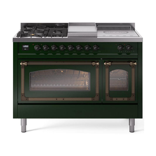 Ilve UN48FSNMPEGB Ilve Un48Fsnmpegb Nostalgie Ii Noblesse 48" Dual Fuel Range (5 Sealed Burners + Griddle + French Top, Natural Gas, Triple Glass Door, Emerald Green, Burnished)
