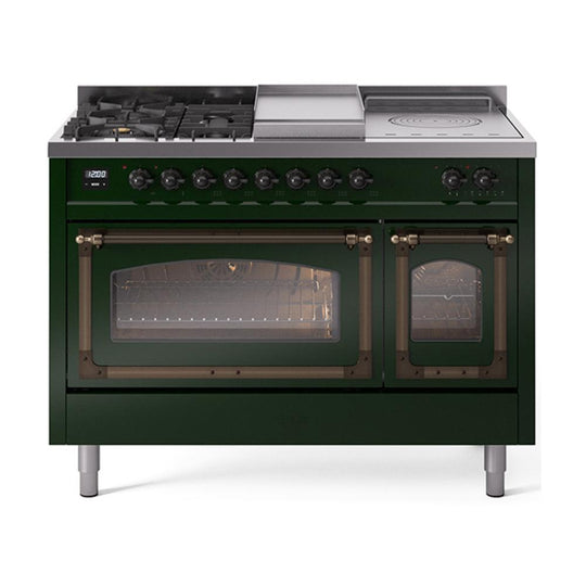 Ilve UN48FSNMPEGB Ilve Un48Fsnmpegb Nostalgie Ii Noblesse 48" Dual Fuel Range (5 Sealed Burners + Griddle + French Top, Natural Gas, Triple Glass Door, Emerald Green, Burnished)