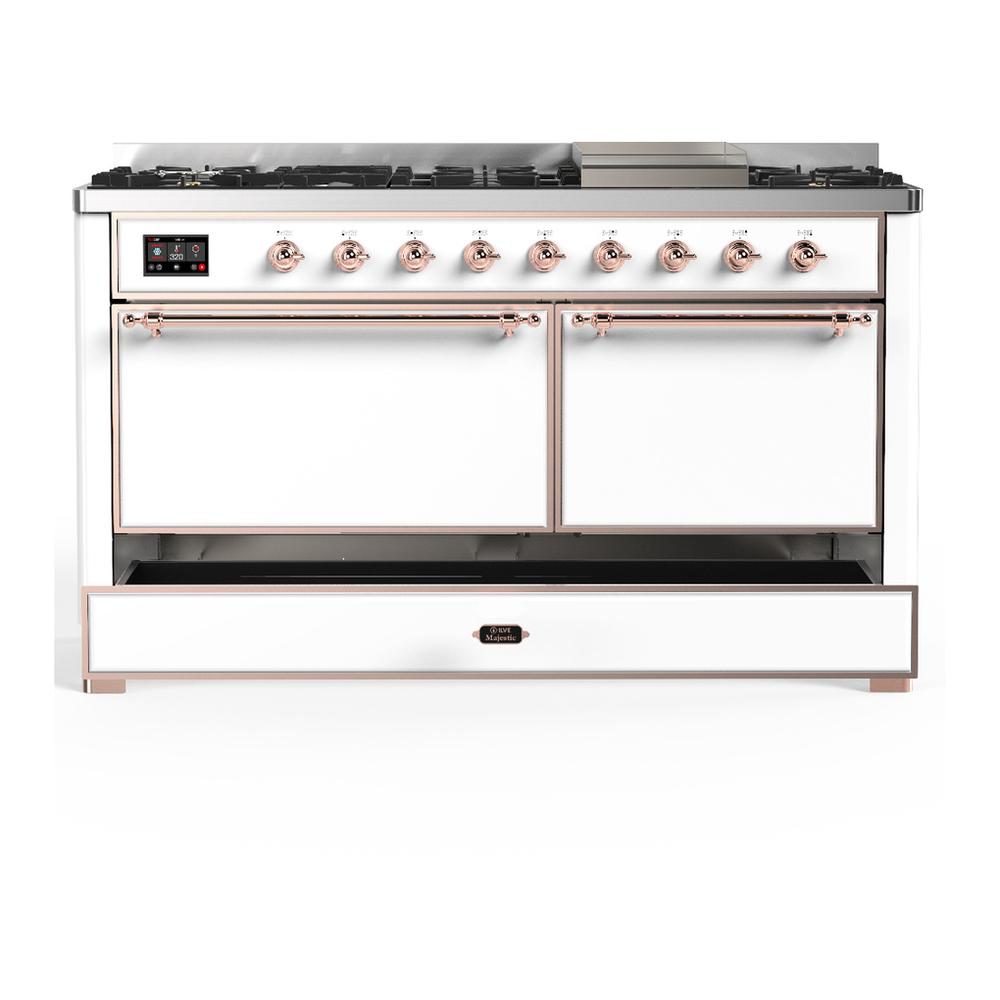 Ilve UM60FQNR3WHP Ilve Um60Fqnr3Whp Majestic Iii 60 Inch Dual Fuel Range With 9 Burners And Griddle, Dual Function Burner Up To 25,000 Btu (Natural Gas, Solid Door, White, Copper)