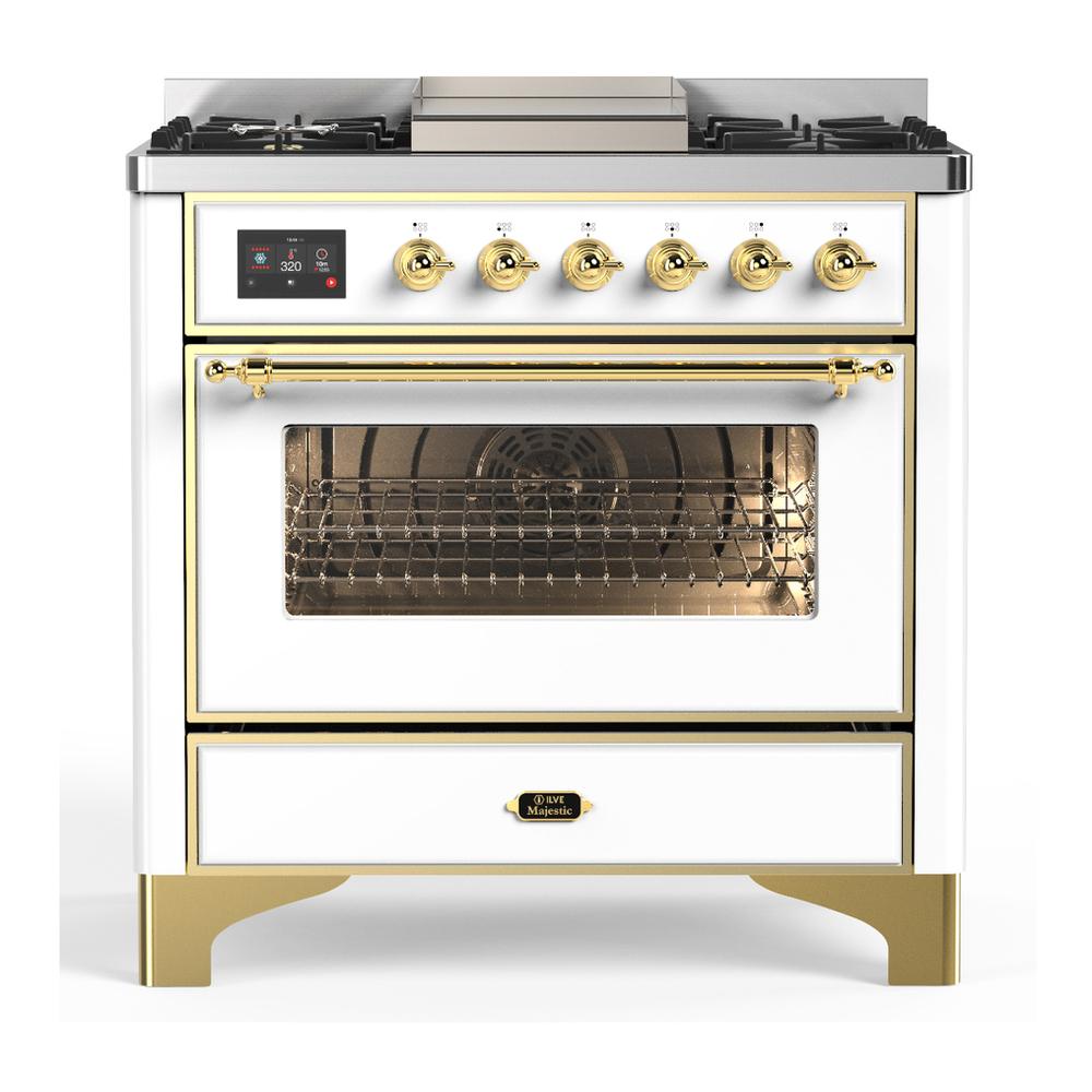 Ilve UM36FNR3WHG Ilve Um36Fnr3Whg Majestic Iii 36 Inch Dual Fuel Range With 6 Black Brass Burners And Griddle, Dual Function Burner Up To 25,000 Btu (Triple Glass Door, White, Brass, Natural Gas)