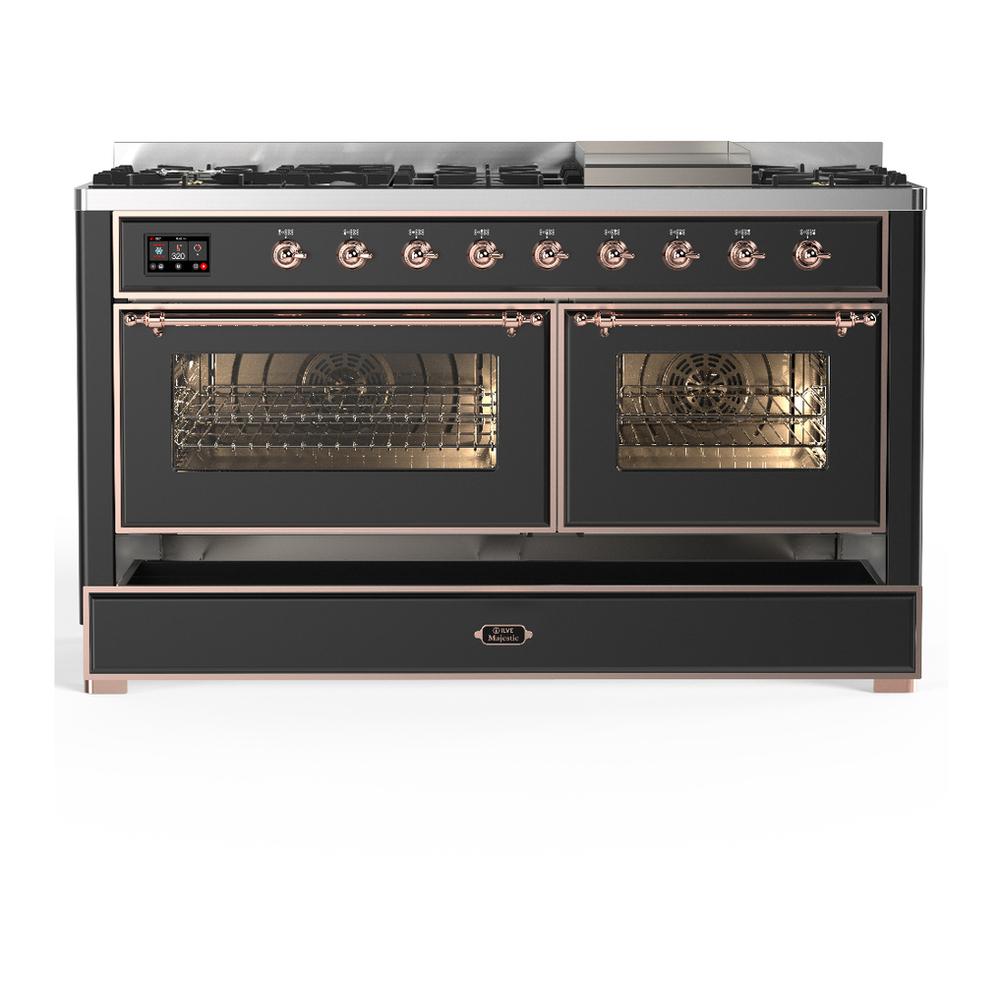 Ilve UM60FNR3MGPLP Ilve Um60Fnr3Mgplp Majestic Iii 60 Inch Dual Fuel Range With 9 Burners And Griddle, Dual Function Burner Up To 25,000 Btu (Liquid Propane, Triple Glass Door, Graphite Matte, Copper)