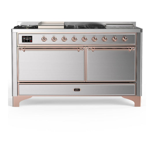 Ilve UM60FSQNR3SSPLP Ilve Um60Fsqnr3Ssplp Majestic Iii 60 Inch Dual Fuel Range With 7 Burners, Griddle And French Top, Dual Function Burner With Up To 25,000 Btu (Liquid Propane, Solid Door, Stainless Steel, Copper)