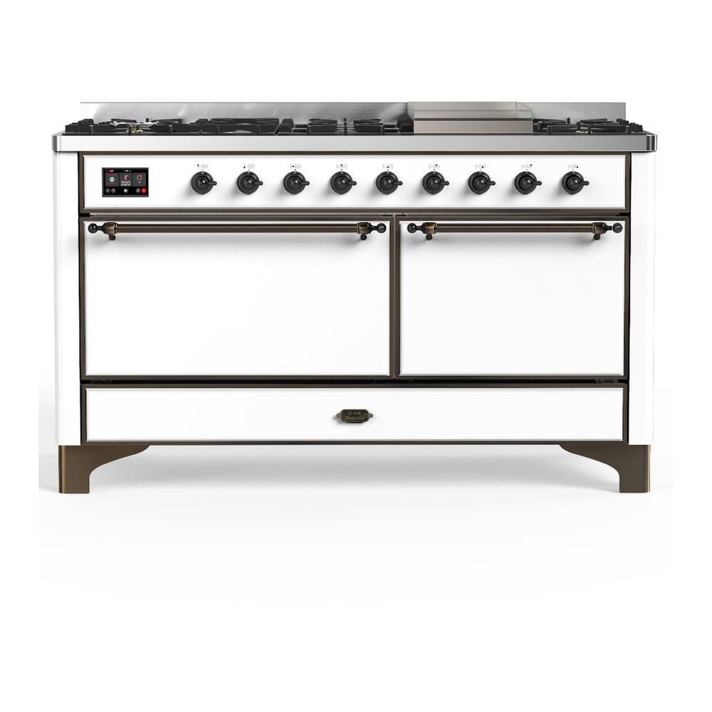 Ilve UM60FQNR3WHBLP Ilve Um60Fqnr3Whblp Majestic Iii 60 Inch Dual Fuel Range With 9 Burners And Griddle, Dual Function Burner Up To 25,000 Btu (Liquid Propane, Solid Door, White, Burnished)