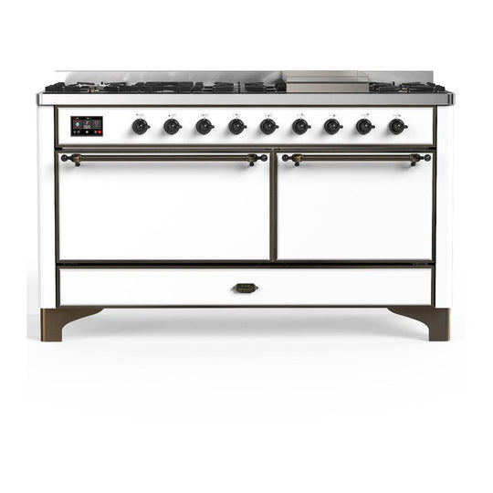 Ilve UM60FQNR3WHBLP Ilve Um60Fqnr3Whblp Majestic Iii 60 Inch Dual Fuel Range With 9 Burners And Griddle, Dual Function Burner Up To 25,000 Btu (Liquid Propane, Solid Door, White, Burnished)