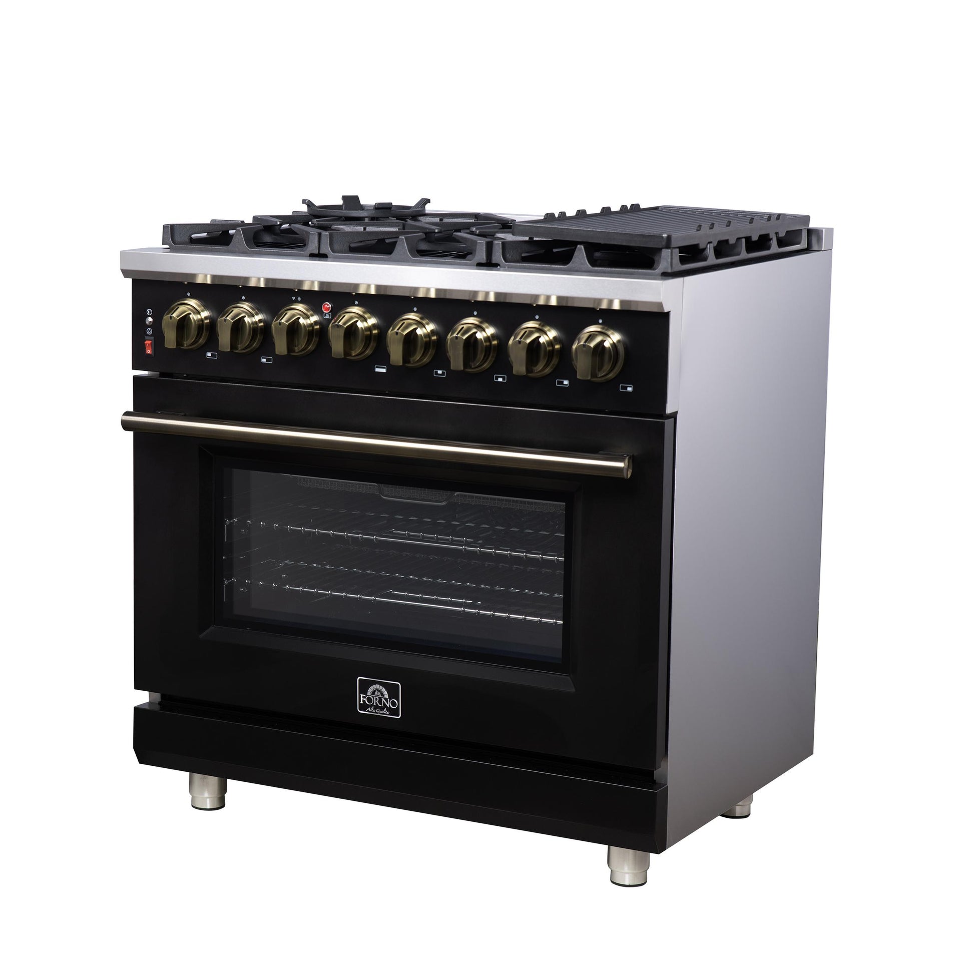 Forno FFSGS612536BLK Forno Massimo 36 Inch Freestanding Dual Fuel Range In Black With Antique Brass Accessories, 6 Burners, 5.36 Cu. Ft. Convection Oven