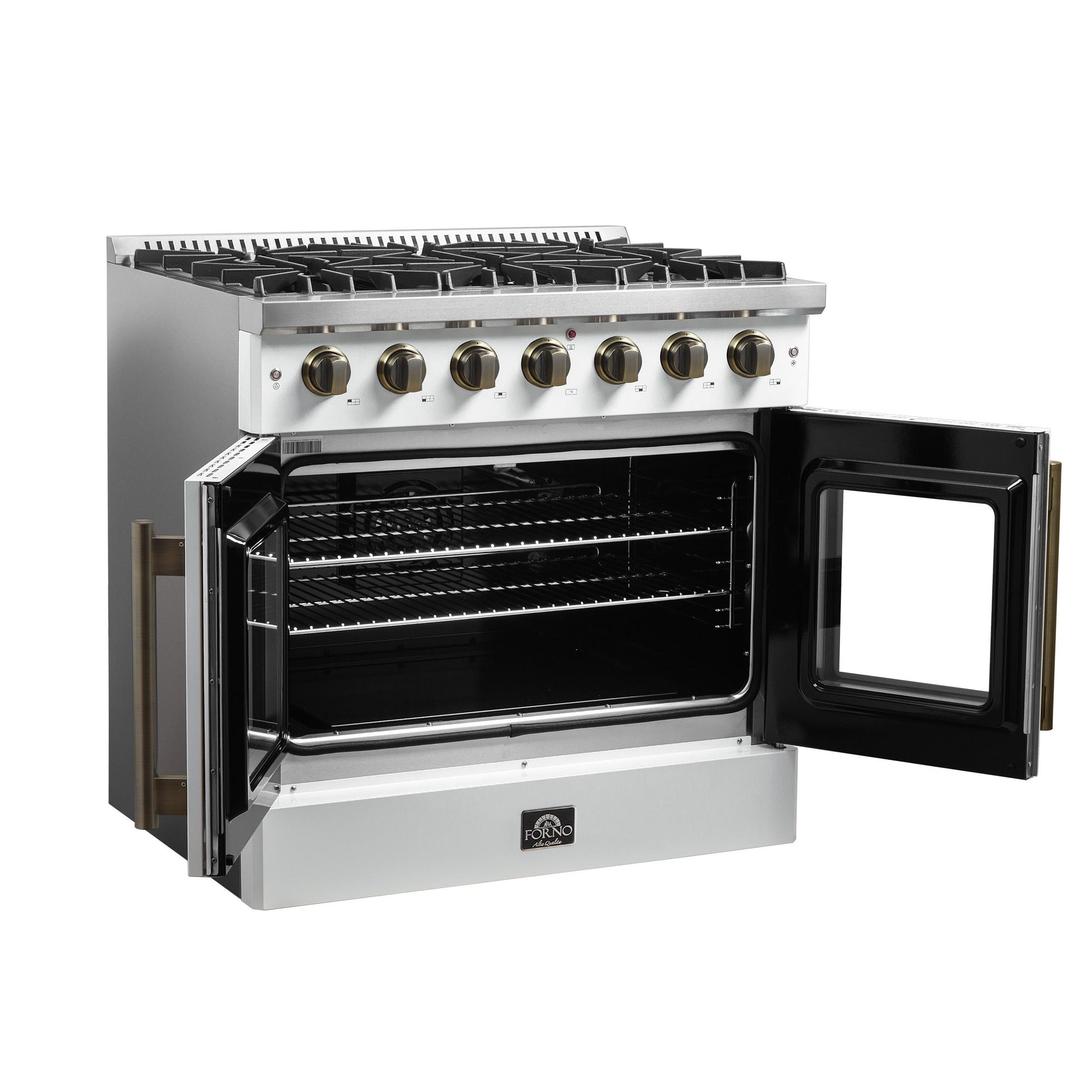 Forno FFSGS644436WHT Forno Galiano 36-Inch French Door Gas Range White And Antique Brass Design, 6 Sealed Burners 83,000 Btu, 5.36 Cu.Ft. Convection Oven