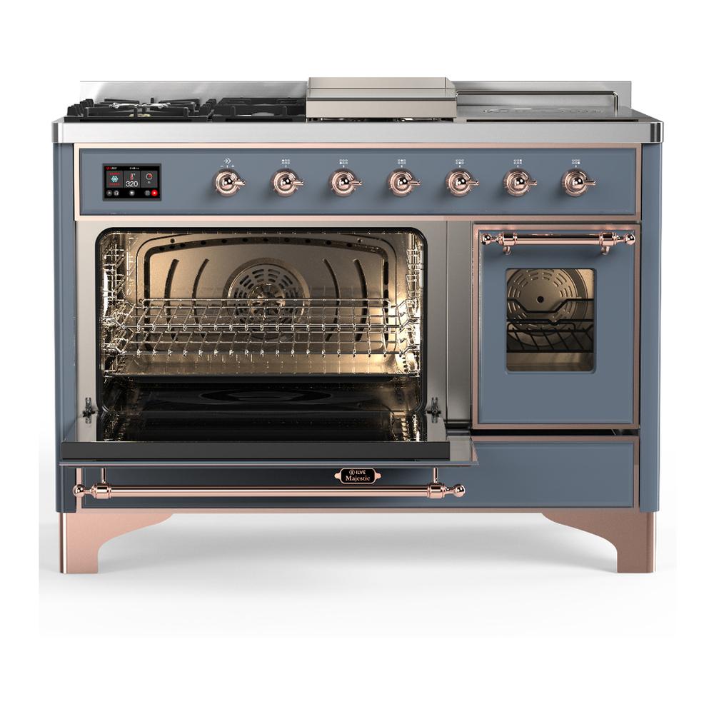 Ilve UM48FSNR3BGP Ilve Um48Fsnr3Bgp Majestic Iii 48 Inch Dual Fuel Range With 5 Black Brass Burners, Griddle And French Top, Dual Function Burner Up To 25,000 Btu (Natural Gas, Triple Glass Door, Blue Grey, Copper)