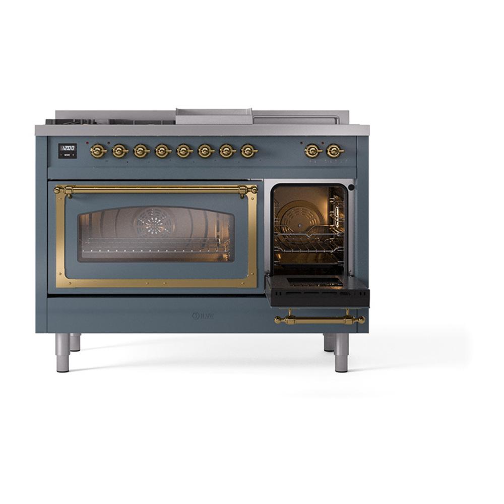 Ilve UN48FSNMPBGG Ilve Un48Fsnmpbgg Nostalgie Ii Noblesse 48" Dual Fuel Range (5 Sealed Burners + Griddle + French Top, Natural Gas, Triple Glass Door, Blue Grey, Brass)