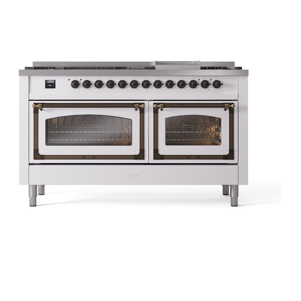 Ilve UN60FNMPWHBLP Ilve Un60Fnmpwhblp Nostalgie Ii Noblesse 60" Dual Fuel Range (9 Sealed Burners + Griddle, Liquid Propane, Triple Glass Door, White, Burnished)