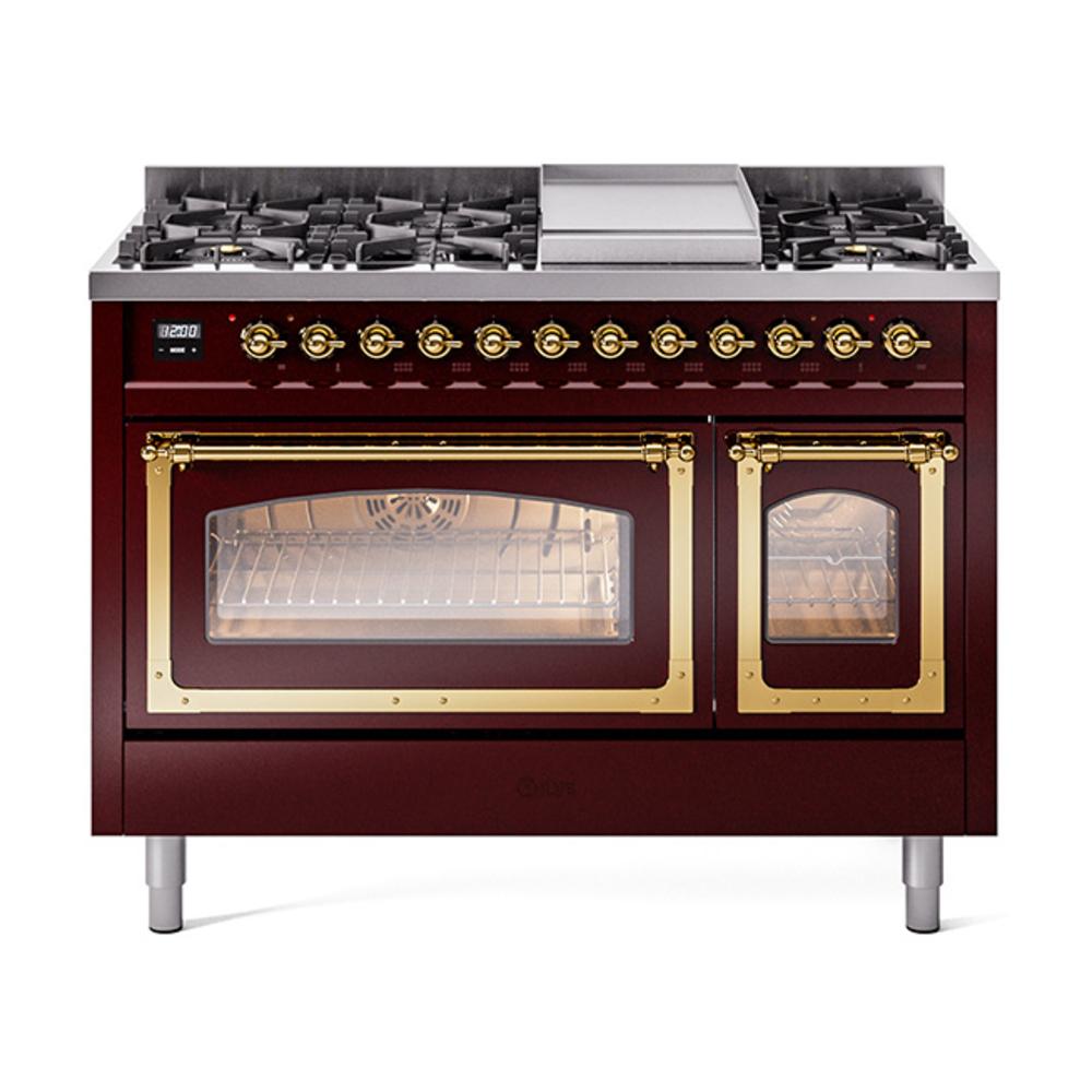 Ilve UN48FNMPBUGLP Ilve Un48Fnmpbuglp Nostalgie Ii Noblesse 48" Dual Fuel Range (8 Sealed Burners + Griddle, Liquid Propane, Triple Glass Door, Burgundy, Brass)