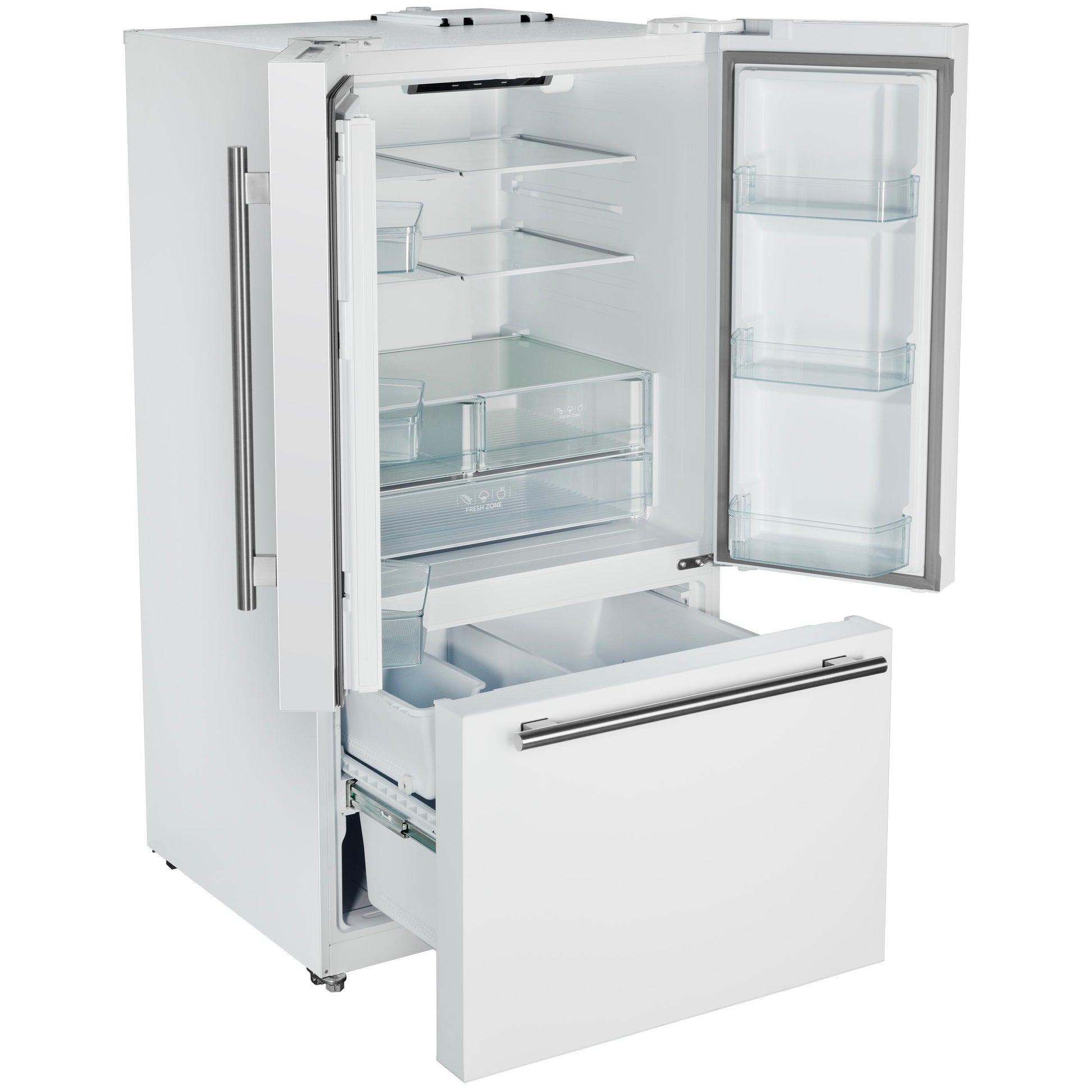 Forno FFFFD178336WHT Forno Rivello 36 Inch French Door Refrigerator In White With Antique Brass, Internal Water Dispenser, Filtered Ice, Adjustable Shelves, Energy Star Certified