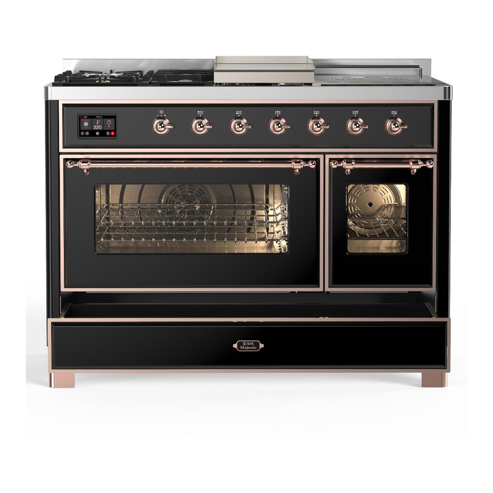 Ilve UM48FSNR3BKP Ilve Um48Fsnr3Bkp Majestic Iii 48 Inch Dual Fuel Range With 5 Black Brass Burners, Griddle And French Top, Dual Function Burner Up To 25,000 Btu (Natural Gas, Triple Glass Door, Glossy Black, Copper)