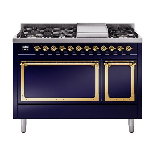 Ilve UN48FQNMPMBG Ilve Un48Fqnmpmbg Nostalgie Ii Noblesse 48" Dual Fuel Range (8 Sealed Burners + Griddle, Natural Gas, Solid Door, Midnight Blue, Brass)