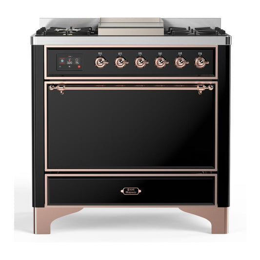 Ilve UM36FQNR3BKPLP Ilve Um36Fqnr3Bkplp Majestic Iii 36 Inch Dual Fuel Range With 6 Black Brass Burners And Griddle, Dual Function Burner Up To 25,000 Btu (Solid Door, Glossy Black, Copper, Liquid Propane)