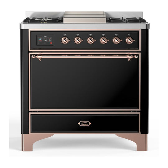 Ilve UM36FQNR3BKPLP Ilve Um36Fqnr3Bkplp Majestic Iii 36 Inch Dual Fuel Range With 6 Black Brass Burners And Griddle, Dual Function Burner Up To 25,000 Btu (Solid Door, Glossy Black, Copper, Liquid Propane)