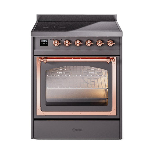 Ilve UNI304NMPMGP Ilve Uni304Nmpmgp Nostalgie Ii Noblesse 30" Induction Range (Triple Glass Door, Graphite Matte, Copper)