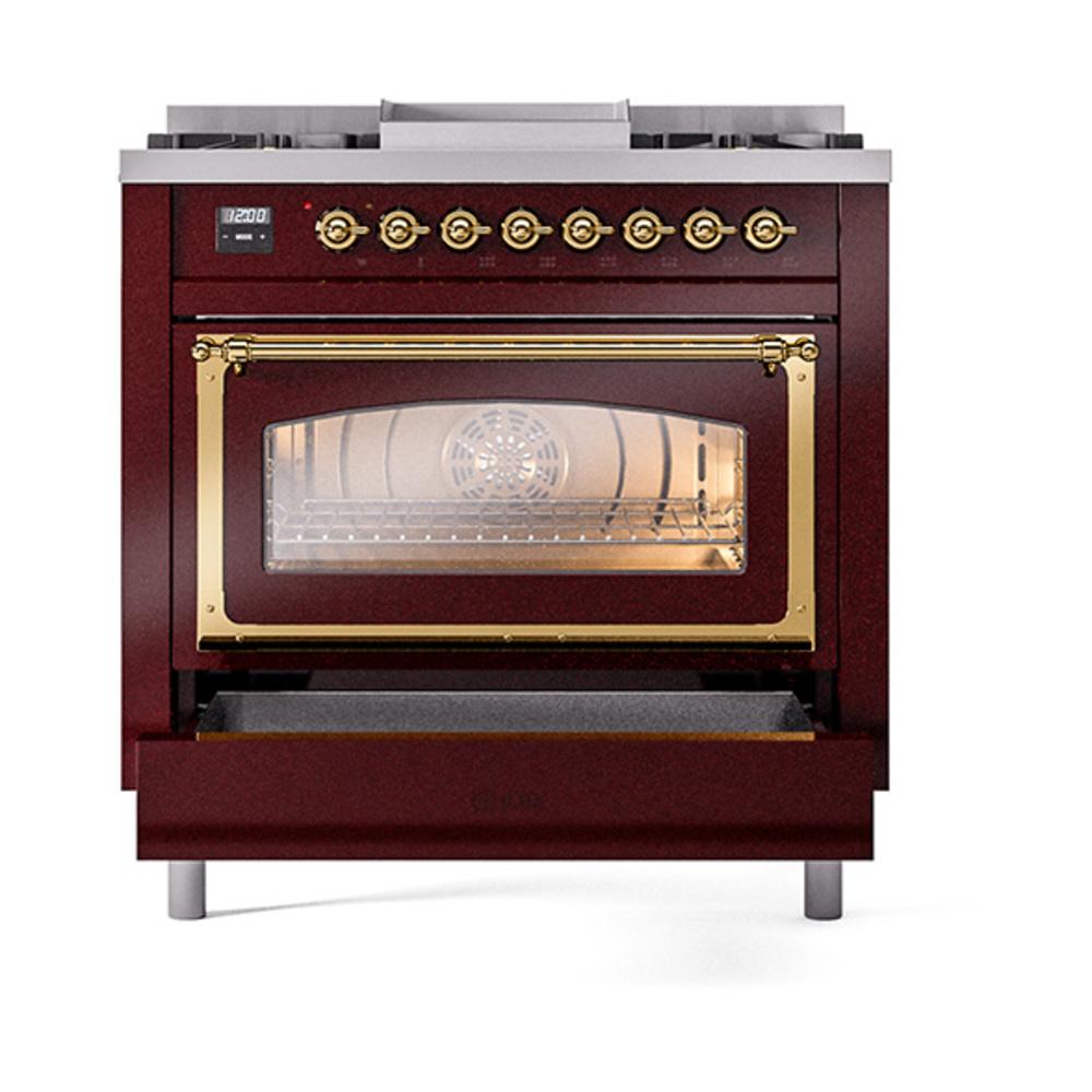 Ilve UN36FNMPBUG Ilve Un36Fnmpbug Nostalgie Ii Noblesse 36" Dual Fuel Range (Natural Gas, Triple Glass Door, Burgundy, Brass)