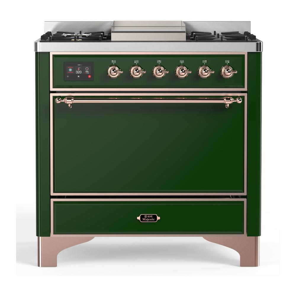 Ilve UM36FQNR3EGP Ilve Um36Fqnr3Egp Majestic Iii 36 Inch Dual Fuel Range With 6 Black Brass Burners And Griddle, Dual Function Burner Up To 25,000 Btu (Solid Door, Emerald Green, Copper, Natural Gas)