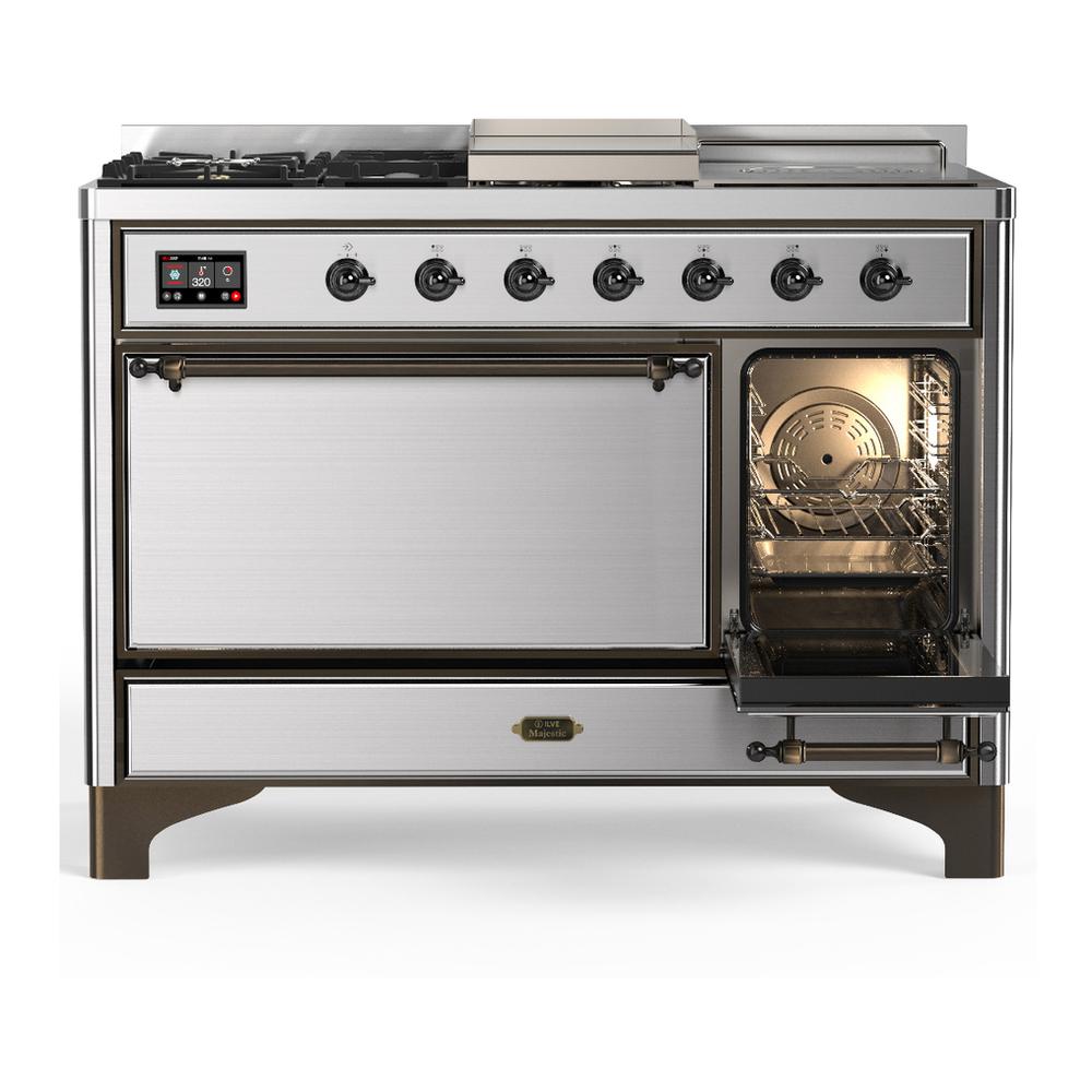 Ilve UM48FSQNR3SSB Ilve Um48Fsqnr3Ssb Majestic Iii 48 Inch Dual Fuel Range With 5 Black Brass Burners, Griddle And French Top, Dual Function Burner Up To 25,000 Btu (Natural Gas, Solid Door, Stainless Steel, Burnished)
