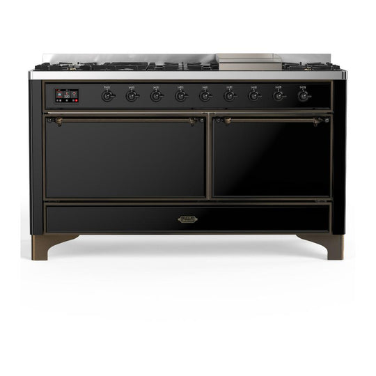 Ilve UM60FQNR3BKB Ilve Um60Fqnr3Bkb Majestic Iii 60 Inch Dual Fuel Range With 9 Burners And Griddle, Dual Function Burner Up To 25,000 Btu (Natural Gas, Solid Door, Glossy Black, Burnished)