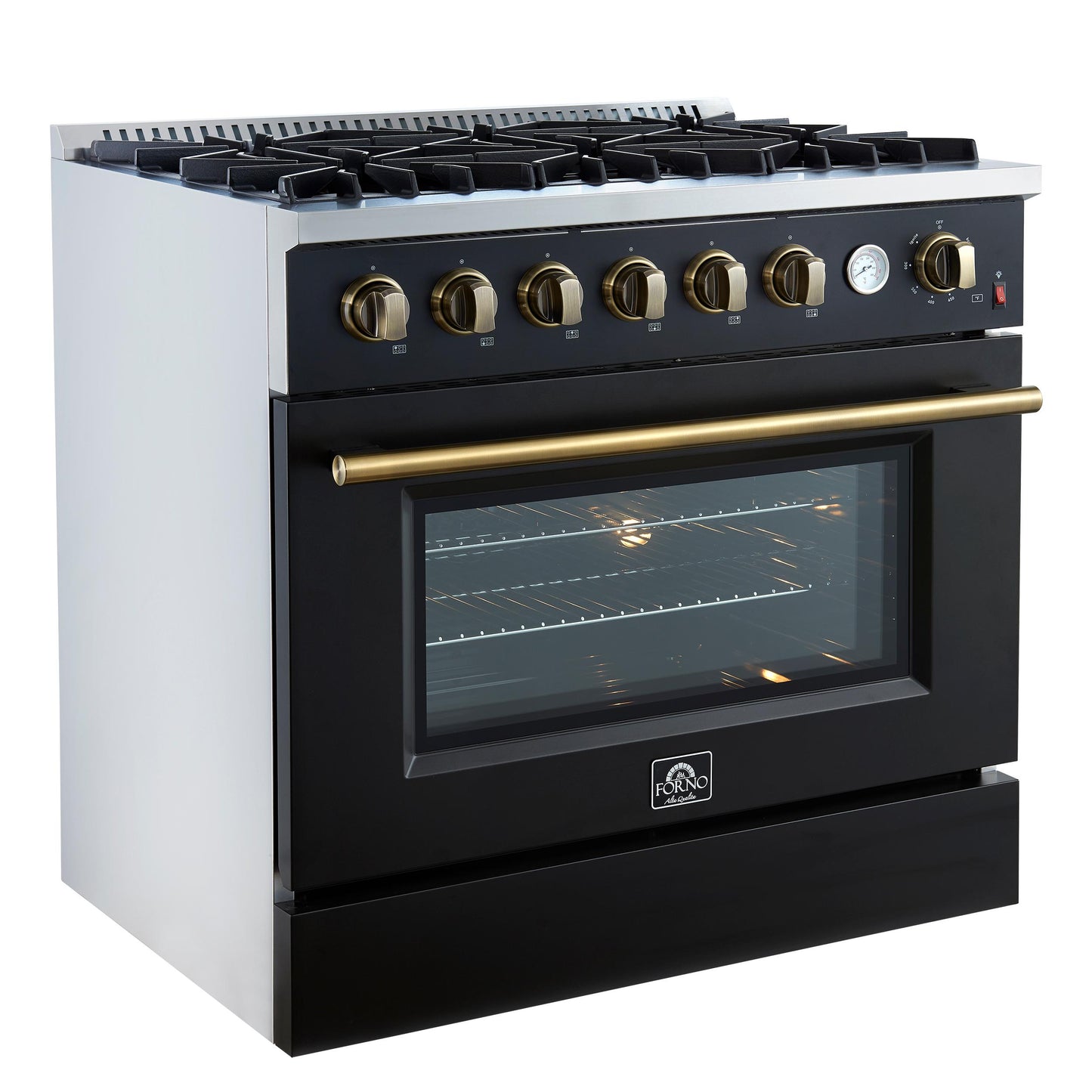 Forno FFSGS627736BLK Marco 36-Inch Gas Range Black & Antique Brass Design, 6 Burners 67,000 Btu, 5.36 Cu.Ft. Convection Oven